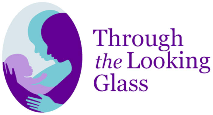 Logo: Purple and teal person holding a baby. Text reads: Through the looking glass.