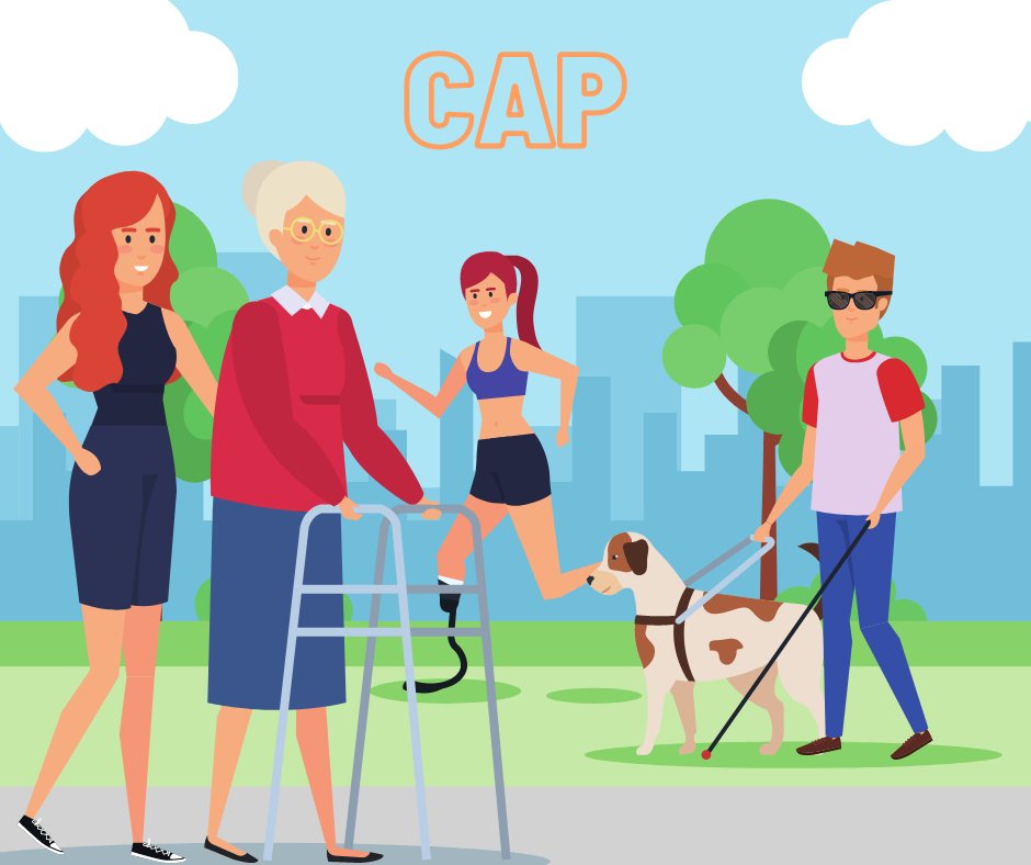 Image Description: An animated scene of a park in front of a city with a blue background and clouds. Text reads “CAP” while 4 individuals with disabilities are walking / jogging below.