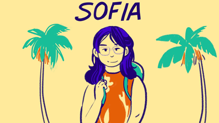 Digital drawing of Sofia, a self-advocate, carrying a backpack. Her name 'Sofia' is written above her.