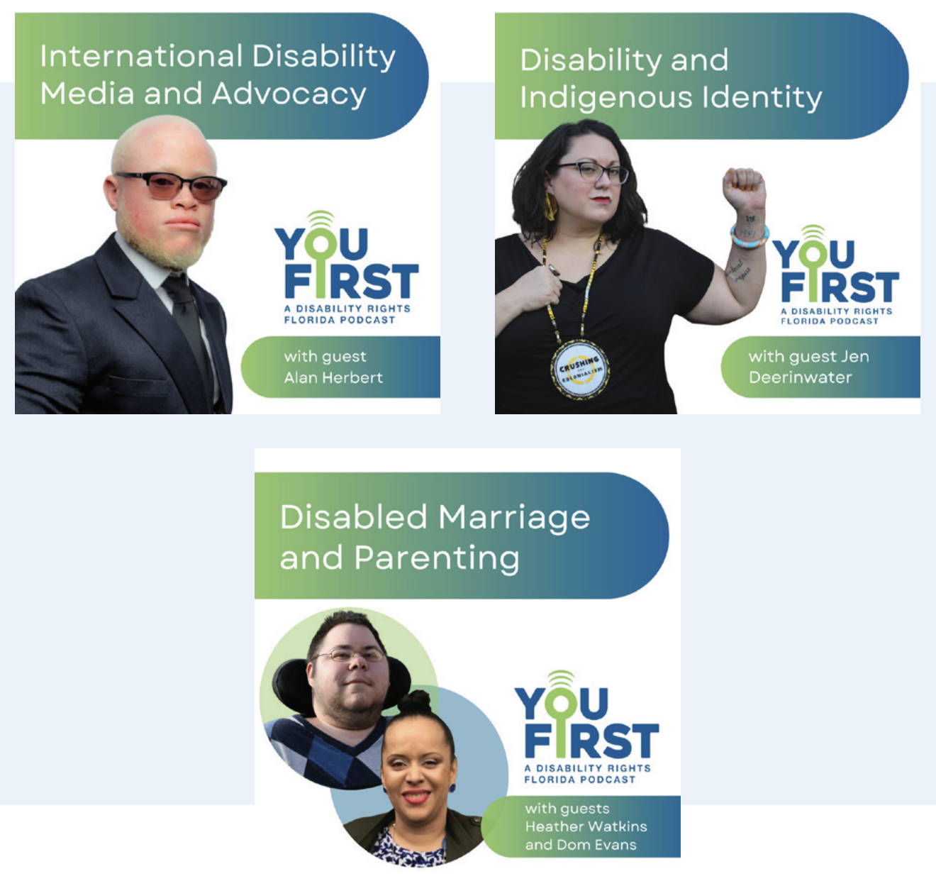 Screenshots of popular podcast episodes: International Disability Media and Advocacy, Disability and Indigenous Identity, and Disabled Marriage and Parenting