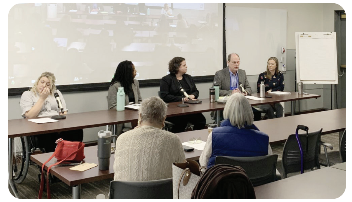 DRF’s Executive Director Peter Sleasman and Community and Healthcare Services Director Caitlyn Clibbon speaking with other panelists.