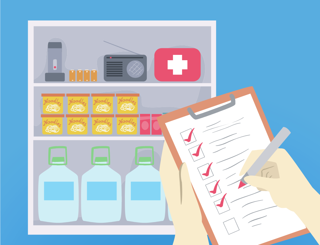 graphic of a person holding a clipboard. they are checking off a list of disaster preparedness items that they are reviewing on a shelf in front of them.