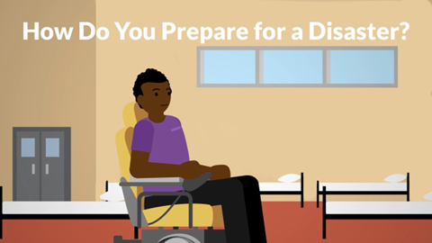 A Black person using a power wheelchair while staying at a emergency shelter. Title of video is listed above them.