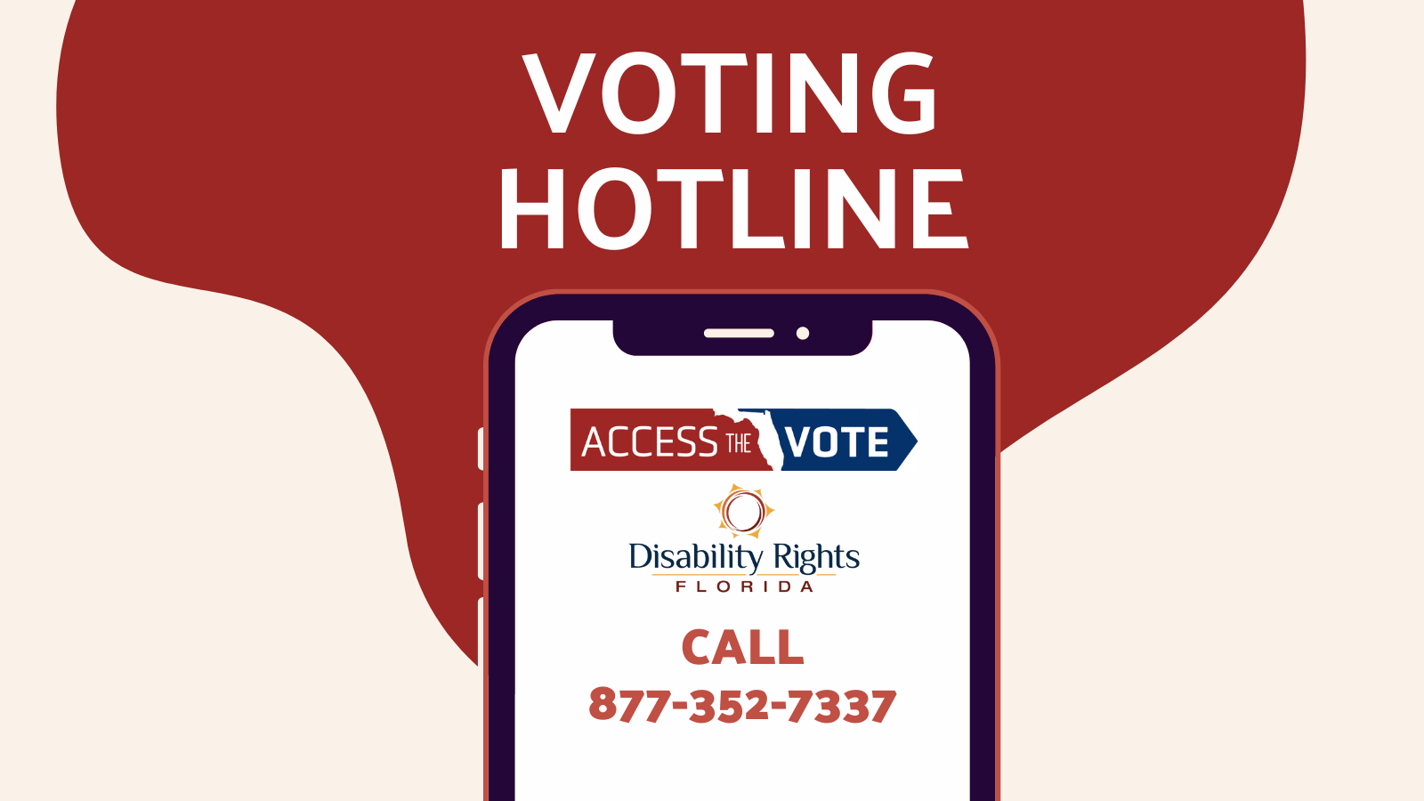 tan and red background. text reads voting hotline. call 8773527337