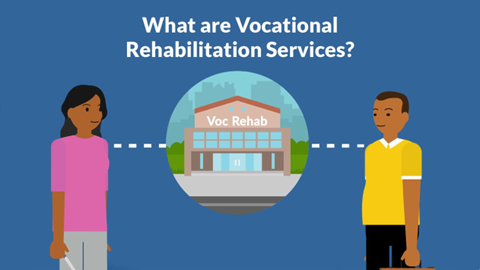 Two people of color looking at an office that says 'Voc Rehab'. Title of video is listed above them.