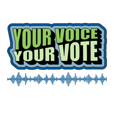 Blue and green logo that reads: Your Voice, Your Vote. A blue speech/wave form.