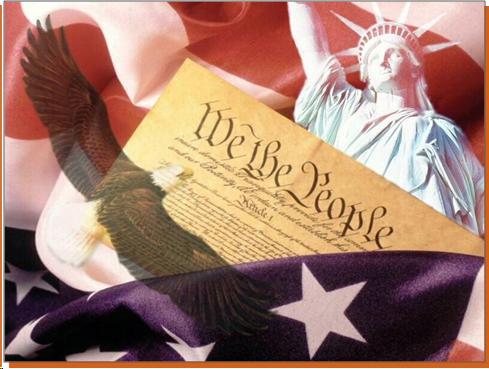 Collage of the Statue of Liberty, the Declaration of Independence, and the American Flag.