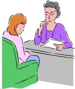 Image of a lady speaking with a woman behind a desk.
